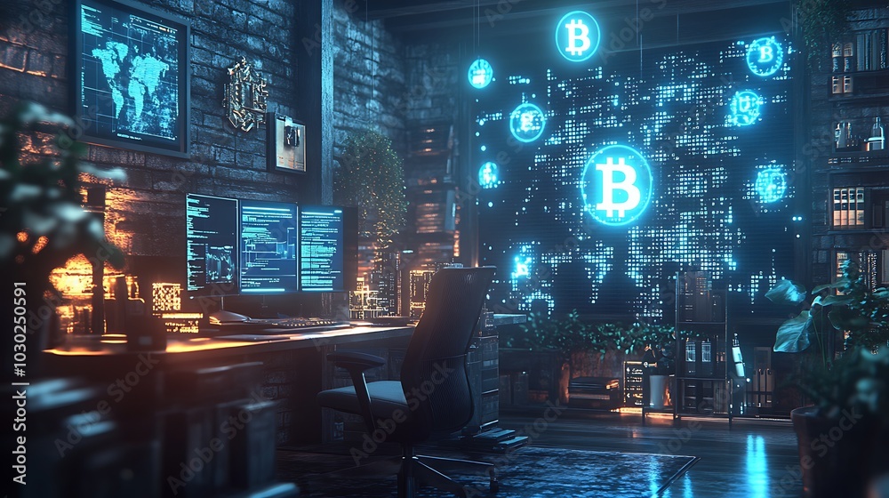 A financial regulator reviewing cryptocurrency laws, glowing holographic bitcoins, blockchain data, and digital encryption floating in the air, A financial regulator reviewing cryptocurrency laws, glowing holographic bitcoins, blockchain data, and digital encryption floating in the air,
