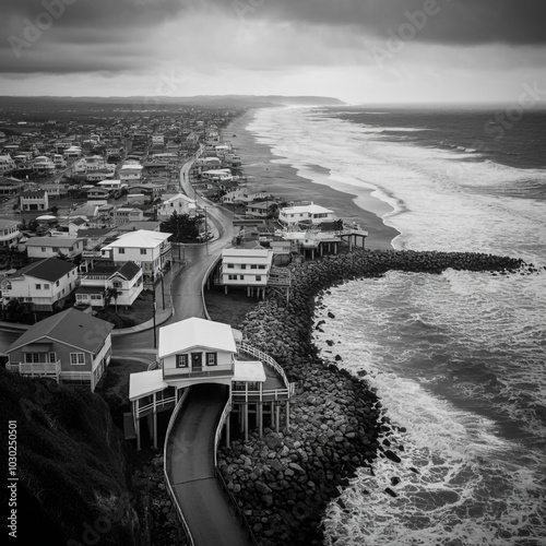 A black-and-white aerial vi...