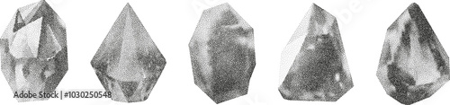 3D vector gradient geometric shapes with noise effect. Cube, cylinder, triangle, rhombus with grainy dot texture.