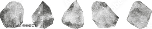 3D vector gradient geometric shapes with noise effect. Cube, cylinder, triangle, rhombus with grainy dot texture.