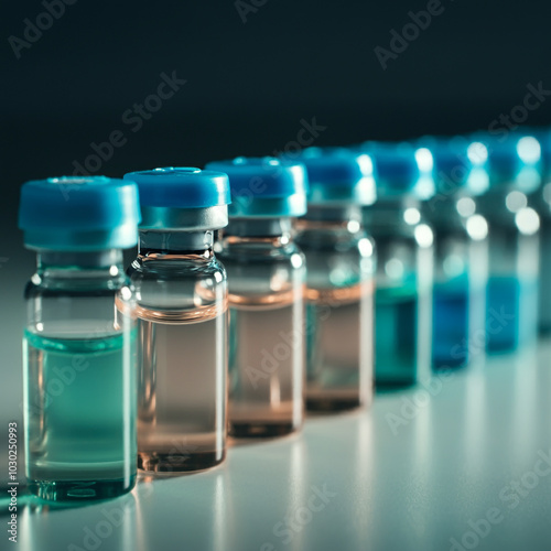 A row of vials with blue caps, lined up in a sterile lab environment, representing scientific precision and vaccine development