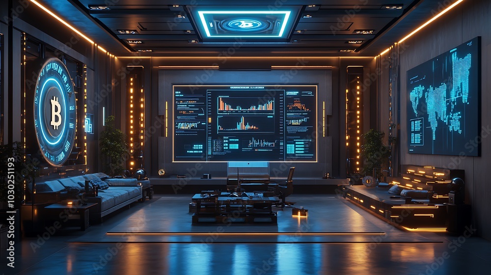 A futuristic bank lobby where regulators monitor cryptocurrency markets, holographic charts showing bitcoin price fluctuations and compliance metrics, A futuristic bank lobby where regulators monitor cryptocurrency markets, holographic charts showing bitcoin price fluctuations and compliance metrics,