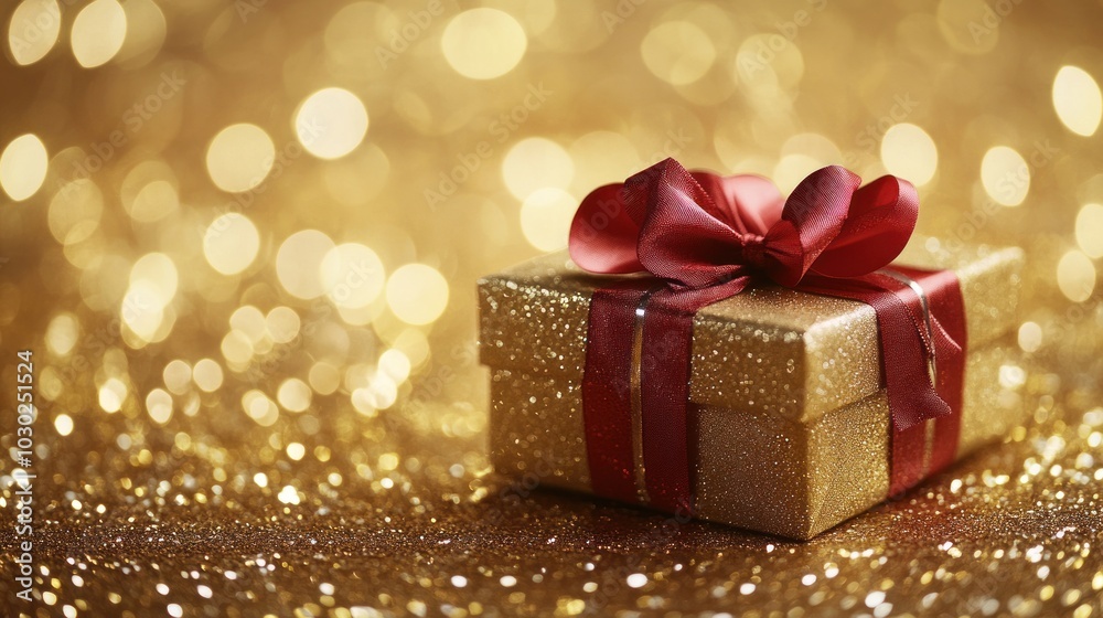 Gift Box with a Red Bow on a Sparkling Background Gift Box with a Red Bow on a Sparkling Background