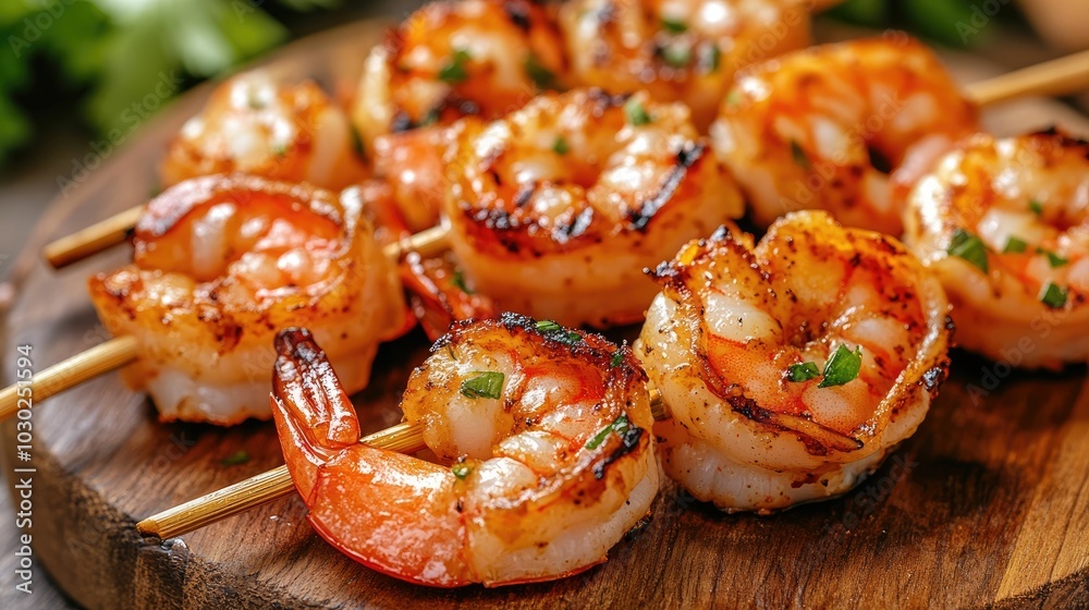 Close up of juicy grilled shrimp skewers with a delicious garlic butter coating served on a rustic wooden platter or board Close up of juicy grilled shrimp skewers with a delicious garlic butter coating served on a rustic wooden platter or board