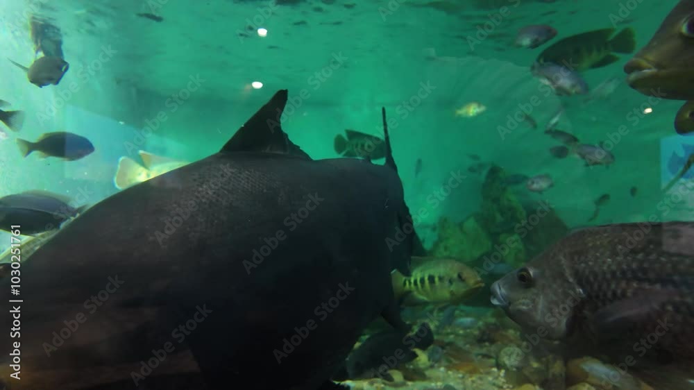 Aquário cheio de água cristalina. Várias espécies de peixes coloridos nadam graciosamente pelo tanque, criando uma exibição vibrante e dinâmica.