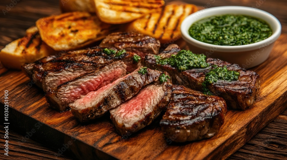 Succulent grilled steak slices served with vibrant Argentinian chimichurri sauce and grilled bread presented on a rustic wooden board for a culinary experience Succulent grilled steak slices served with vibrant Argentinian chimichurri sauce and grilled bread presented on a rustic wooden board for a culinary experience
