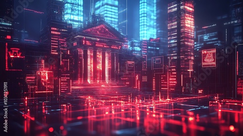 Wallpaper Mural A futuristic cityscape where AI-driven justice systems are displayed as holographic courtrooms, ethical concerns visualized as red and blue glowing data points, Torontodigital.ca