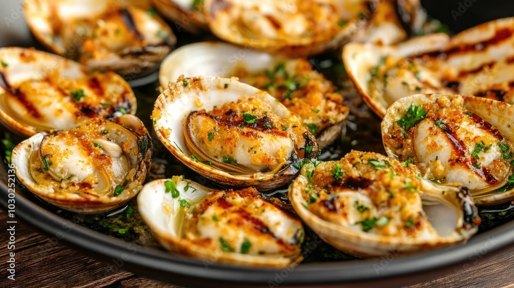 Grilled Clams with Garlic Parsley Butter Sauce Savory Seafood Appetizer Close up with Detailed Textures and Depth of Field Grilled Clams with Garlic Parsley Butter Sauce Savory Seafood Appetizer Close up with Detailed Textures and Depth of Field