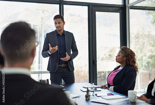 Meeting, pitch and business people in office with ideas, plan and sales development proposal. Leadership, collaboration and finance team in conference room together for strategy, support and growth.