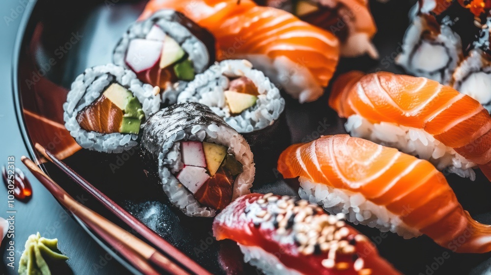 A Plate of Assorted Sushi with Chopsticks and Wasabi A Plate of Assorted Sushi with Chopsticks and Wasabi