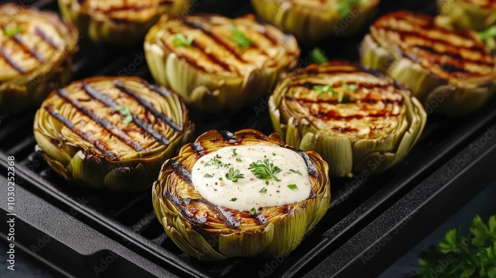 Grilled artichoke halves served with a lemon garlic aioli dipping sauce a delicious and gourmet appetizer dish perfect for entertaining or as a side Grilled artichoke halves served with a lemon garlic aioli dipping sauce a delicious and gourmet appetizer dish perfect for entertaining or as a side