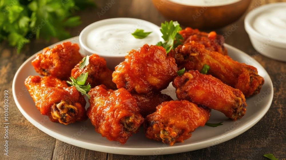 Close up shot of a plate of grilled chicken wings that have been marinated in a spicy buffalo sauce served with a creamy ranch dressing The wings have a crispy Close up shot of a plate of grilled chicken wings that have been marinated in a spicy buffalo sauce served with a creamy ranch dressing The wings have a crispy