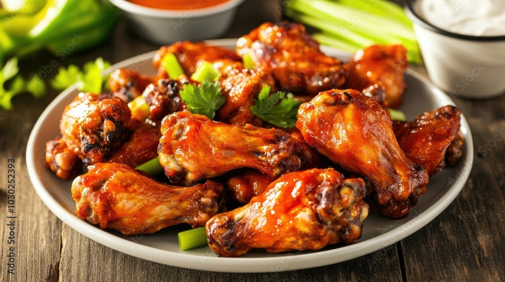 A plate of succulent grilled chicken wings marinated in a tangy and spicy buffalo sauce served with a cool and creamy ranch dressing making for a delectable and indulgent appetizer or snack A plate of succulent grilled chicken wings marinated in a tangy and spicy buffalo sauce served with a cool and creamy ranch dressing making for a delectable and indulgent appetizer or snack