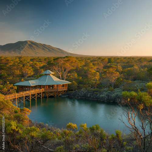 A scenic wooden pavilion ov...