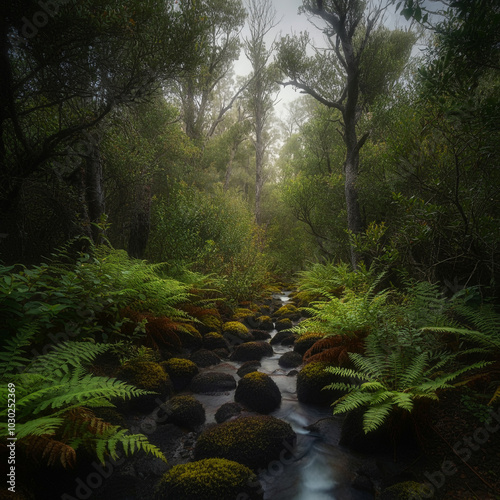 A serene forest scene with ...