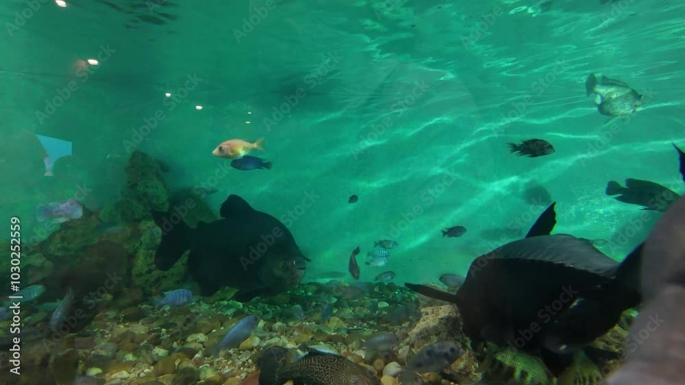 Aquário cheio de água cristalina. Várias espécies de peixes coloridos nadam graciosamente pelo tanque, criando uma exibição vibrante e dinâmica.
