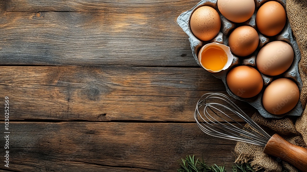 Fresh farm eggs on a rustic wooden background, with a whisk for whipping eggs, captured from a top view with space for text. Fresh farm eggs on a rustic wooden background, with a whisk for whipping eggs, captured from a top view with space for text.