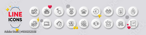 Wallet, Laptop and Fraud line icons. White buttons 3d icons. Pack of Parking garage, Cursor, Currency exchange icon. Best rank, Builders union, Home moving pictogram. Vector