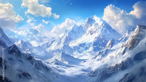 Mountains blanketed in snow under a bright blue sky.