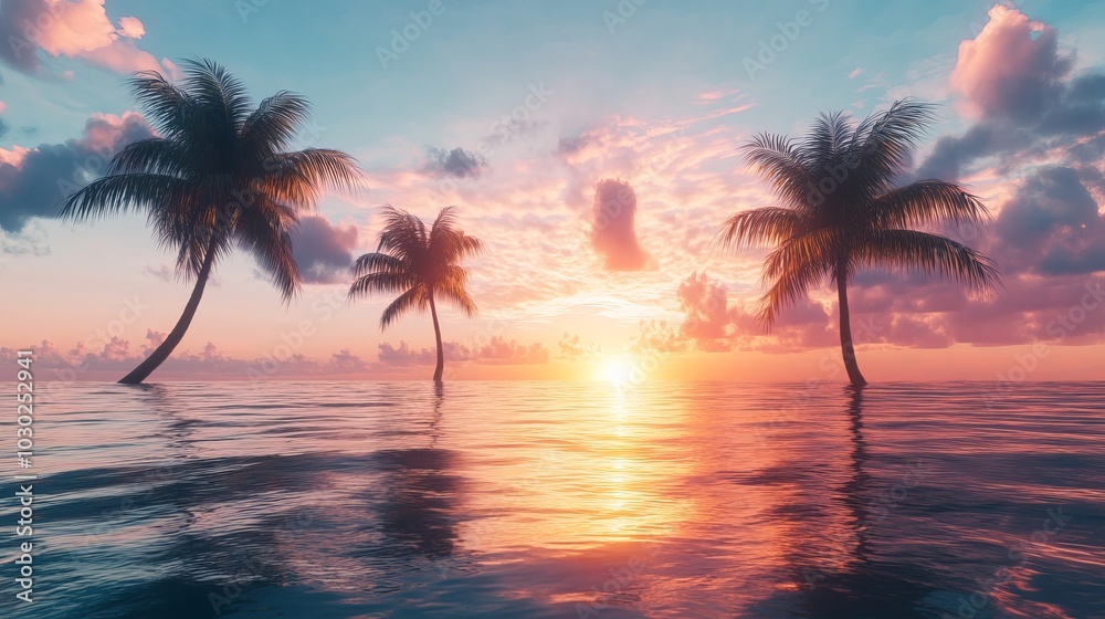 Palm trees along the shore by the sea.