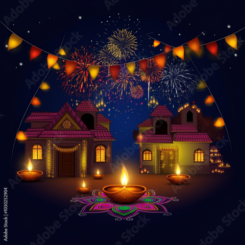 A festive scene with houses...