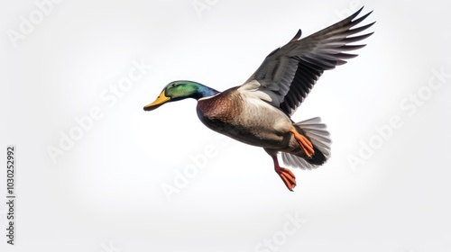 Mallard Duck in Flight Against a White Background