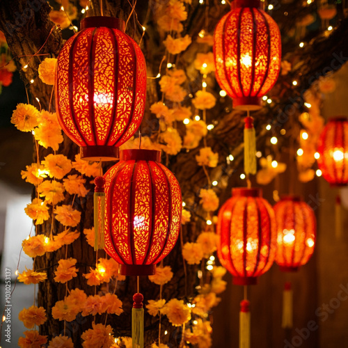 Brightly lit orange lantern...