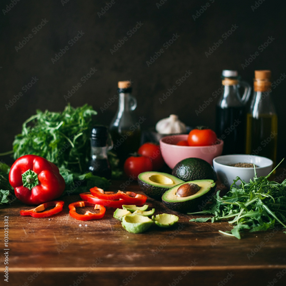 A vibrant assortment of vegetables, including peppers and avocado, with olive oil bottles in the background, set on a wooden board A vibrant assortment of vegetables, including peppers and avocado, with olive oil bottles in the background, set on a wooden board