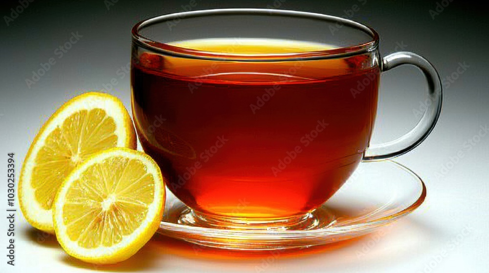 Fresh Lemon Tea in Glass Cup on Gray Background Fresh Lemon Tea in Glass Cup on Gray Background