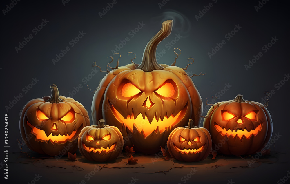 A glowing jack-o-lantern with a spooky face, symbolizing Halloween, stands out against a black background, capturing the essence of autumn and celebration in October A glowing jack-o-lantern with a spooky face, symbolizing Halloween, stands out against a black background, capturing the essence of autumn and celebration in October