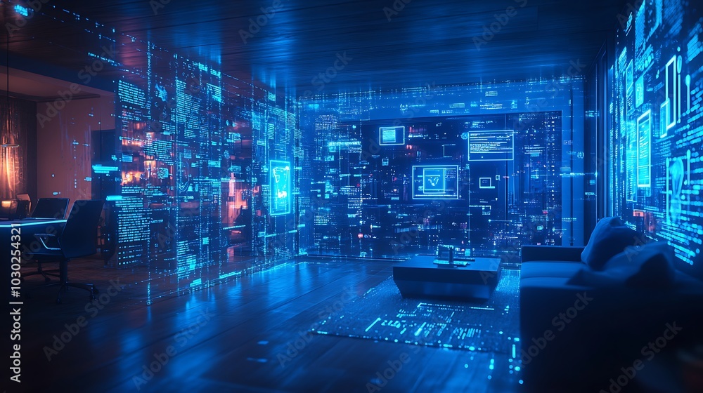 A futuristic home with IoT devices collecting data, holographic data streams connecting smart devices to a legal interface, lawyers discussing privacy laws and data protection,