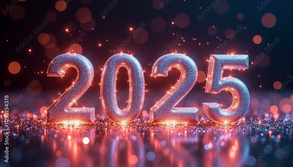 Glowing numbers 2025 on a dark background, festive atmosphere symbolizing New Year celebration Glowing numbers 2025 on a dark background, festive atmosphere symbolizing New Year celebration