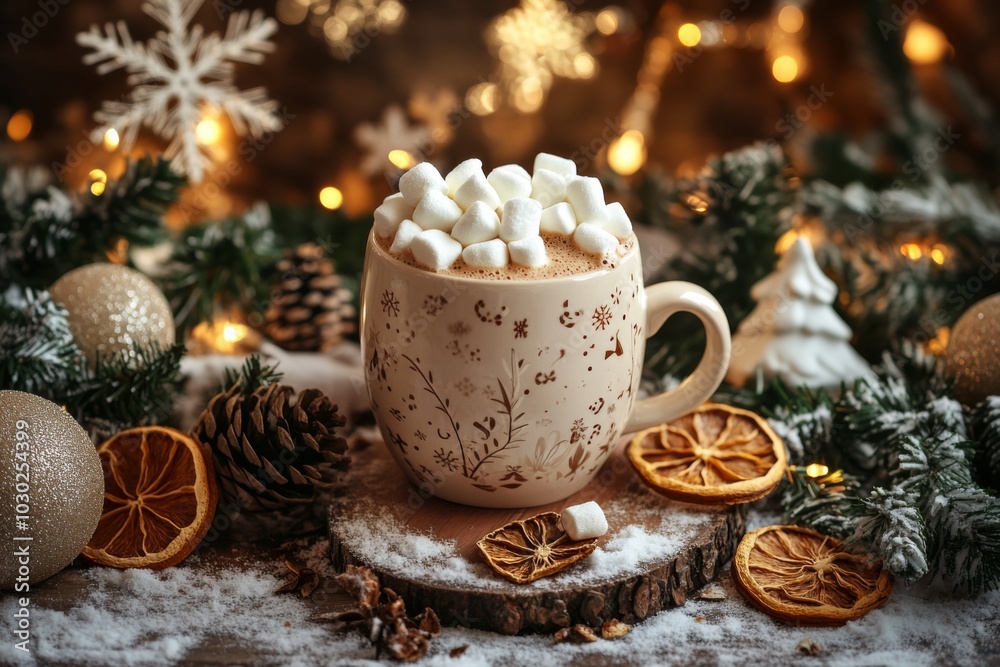 Winter drink, white mug with marshmallows in female hands in knitted Christmas Sweater on pink background. Top view, Flat Lay. New Year, Christmas traditional food. Festive decor, celebration Xmas Winter drink, white mug with marshmallows in female hands in knitted Christmas Sweater on pink background. Top view, Flat Lay. New Year, Christmas traditional food. Festive decor, celebration Xmas