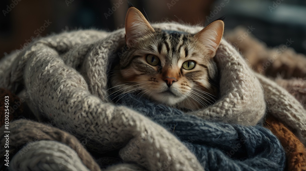Cat wrapped up in a pile of woolen clothes Cat wrapped up in a pile of woolen clothes