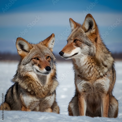 Coyote pair against the blue winter sky. Animals in the wild.