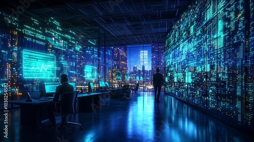 A futuristic law office where AI systems are drafting contracts, glowing holographic screens displaying automated legal documents, lawyers reviewing AI-generated drafts,