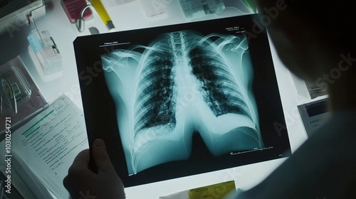 Doctor carefully examines X-ray film of patient's lungs, identifying COVID-19 complications, with medical instruments and charts in the background.