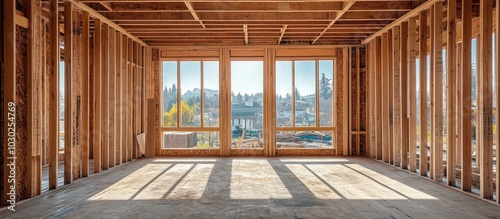 A wood-framed room with large windows, sunlight streaming in, showcasing a view of a city from the inside.