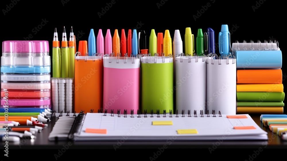 Obraz premium Colorful stationery and notebooks arranged for organization and study.