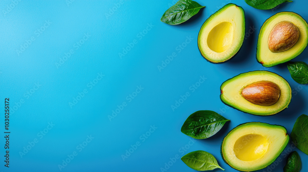 Fresh avocado halves with vibrant green skin and leaves on a blue background. Fresh avocado halves with vibrant green skin and leaves on a blue background.