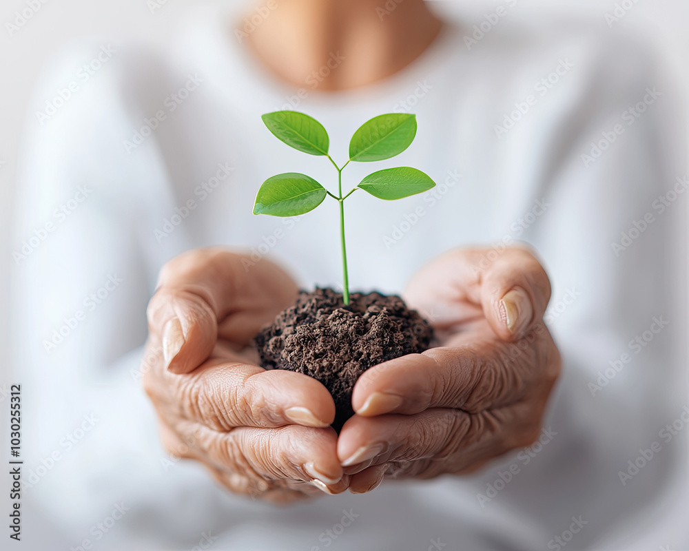 Hands holding a small plant with green leaves and soil, white background. Hands holding a small plant with green leaves and soil, white background.