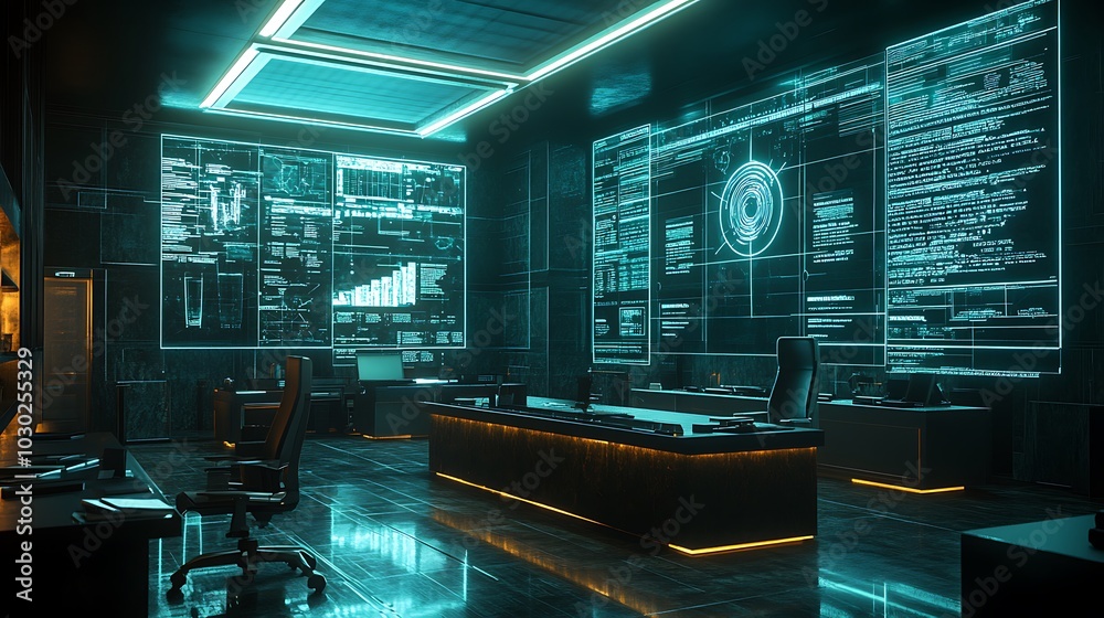 A futuristic legal office where AI is used in parole evaluations, holographic data projections showing bias in decisions, lawyers reviewing AI’s impact on fairness, A futuristic legal office where AI is used in parole evaluations, holographic data projections showing bias in decisions, lawyers reviewing AI’s impact on fairness,