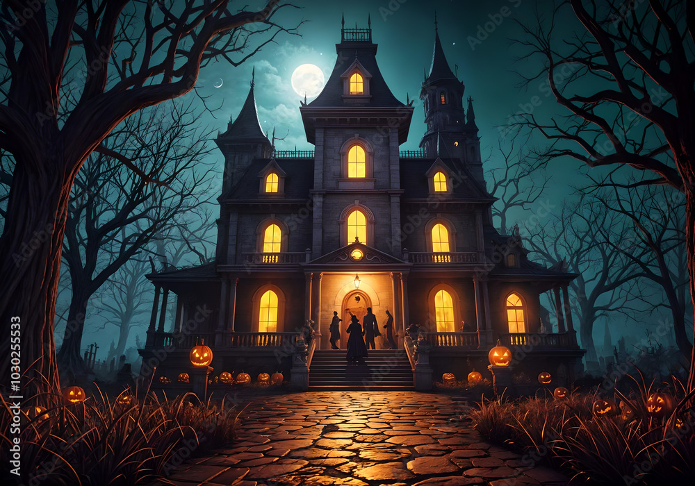 A group of witches approach a haunted house with jack-o-lanterns under full moon. Concept of Halloween. Digital illustration. CG Artwork Background