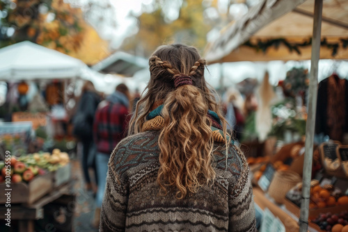 Seasonal autumn fair market with bright warm autumn colors, people crowd shopping having fun, Generative AI