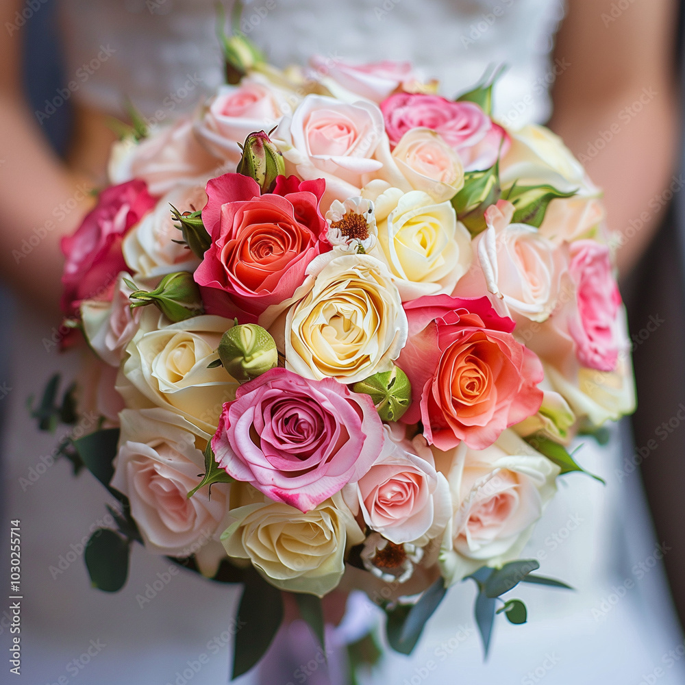 A bouquet of flowers is being held by a person