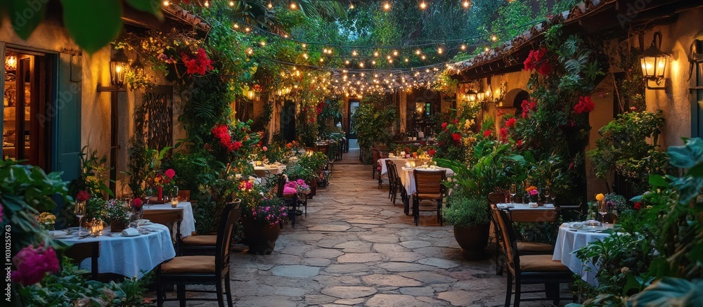 Romantic Italian Restaurant Patio with String Lights. Romantic Italian Restaurant Patio with String Lights.