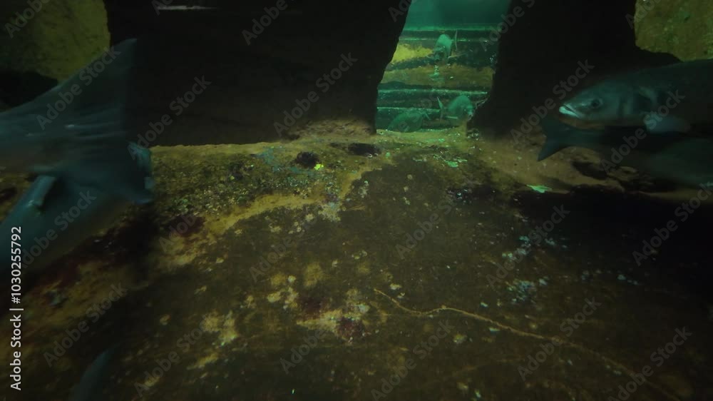 Aquário cheio de água cristalina. Várias espécies de peixes coloridos nadam graciosamente pelo tanque, criando uma exibição vibrante e dinâmica.