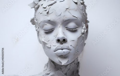 A clay or cement sculpture of a woman's face with a calm expression.