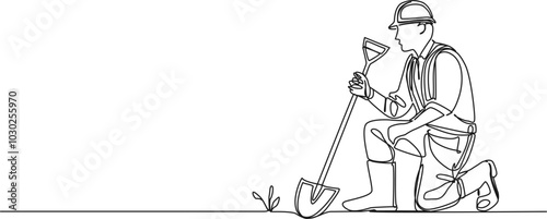 continuous single line drawing of construction worker with shovel kneeling on ground, line art vector illustration