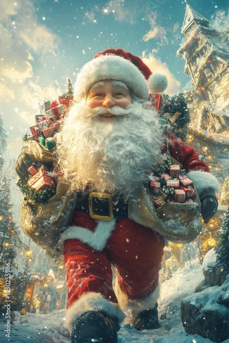 Smiling Santa Claus with gifts in snowy Christmas scene 